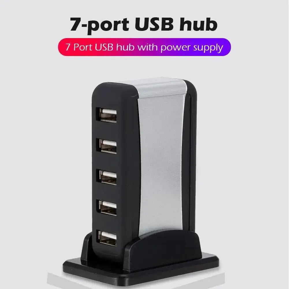 EU/US Plug USB Hub 7 Ports Splitter USB 2.0 Plug and Play Support 1.5/12/480Mbps with Power Adapter for PC Computer and Laptop - Nexvibe