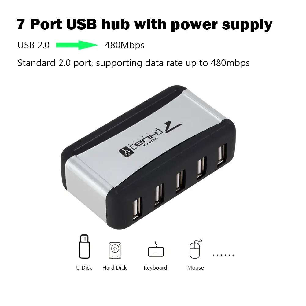 EU/US Plug USB Hub 7 Ports Splitter USB 2.0 Plug and Play Support 1.5/12/480Mbps with Power Adapter for PC Computer and Laptop - Nexvibe