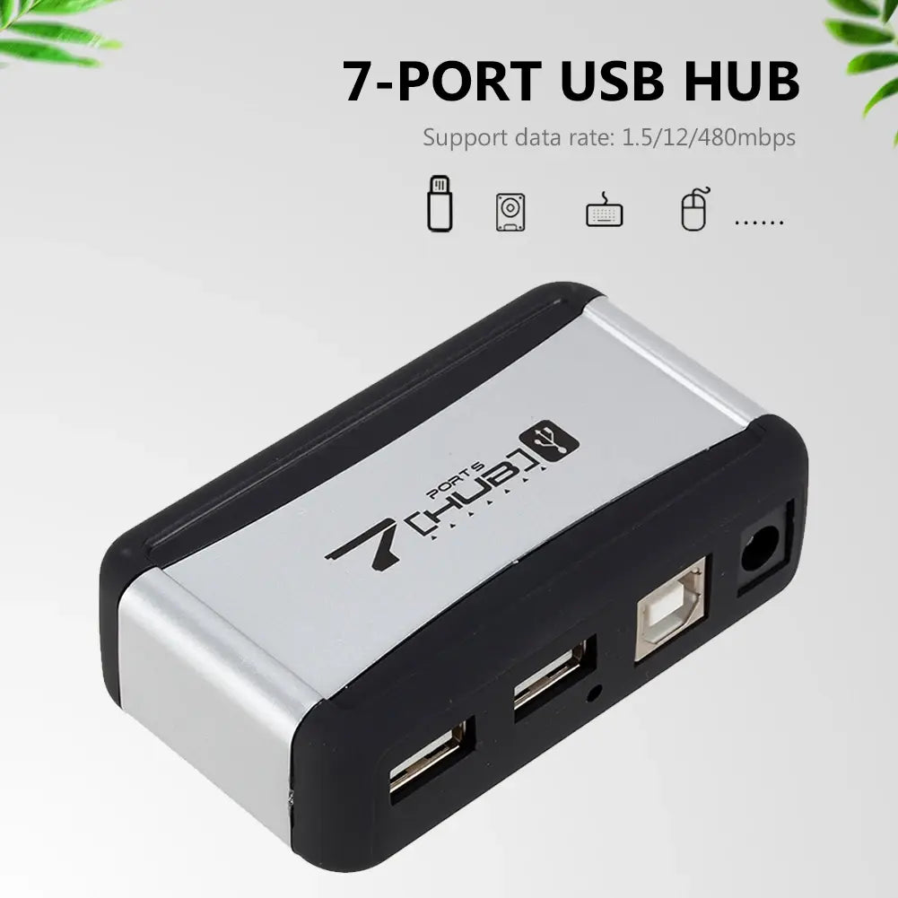 EU/US Plug USB Hub 7 Ports Splitter USB 2.0 Plug and Play Support 1.5/12/480Mbps with Power Adapter for PC Computer and Laptop - Nexvibe