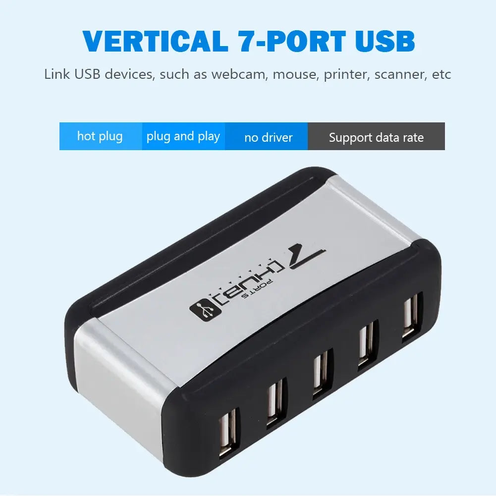 EU/US Plug USB Hub 7 Ports Splitter USB 2.0 Plug and Play Support 1.5/12/480Mbps with Power Adapter for PC Computer and Laptop - Nexvibe
