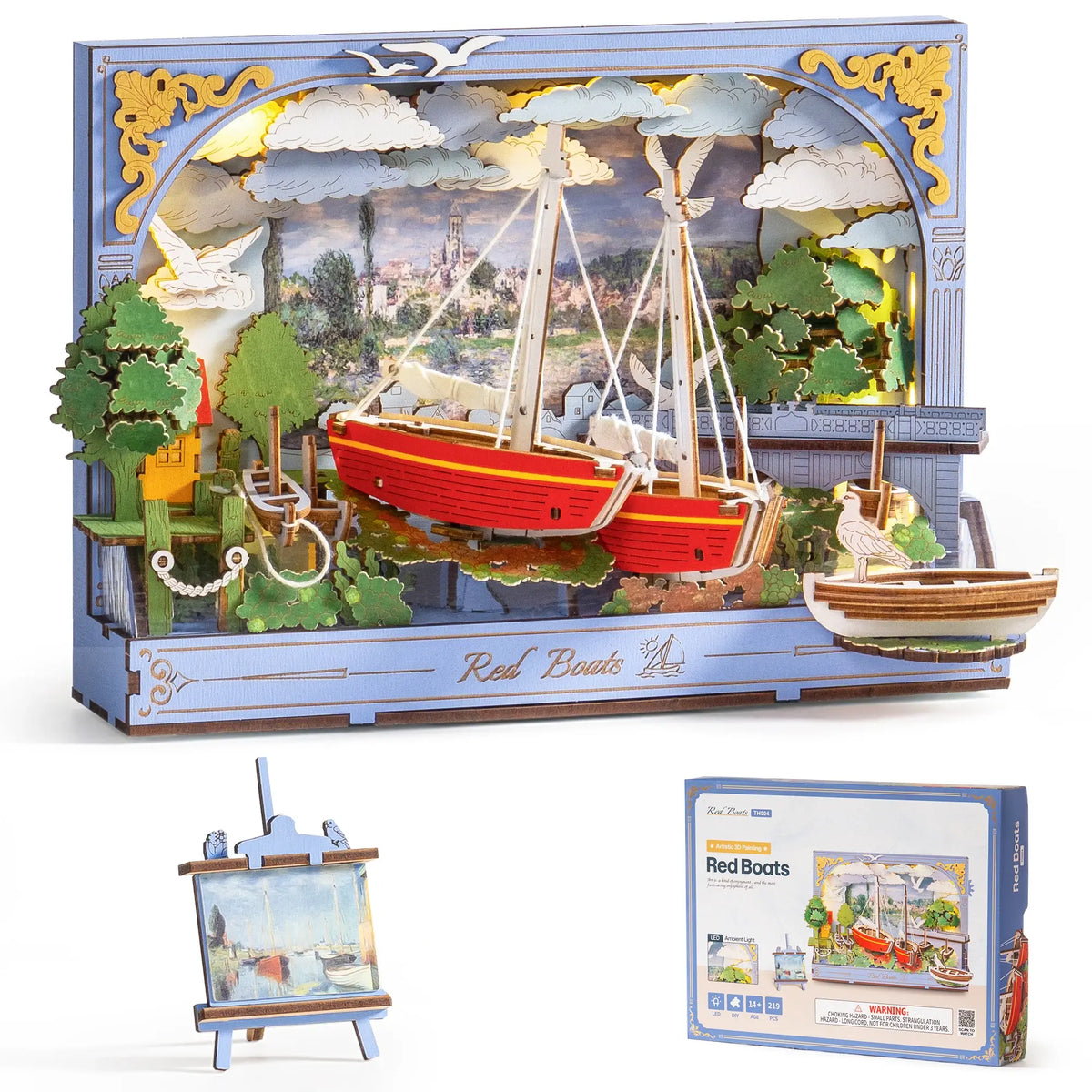 Rolife Red Boats Wooden 3D Puzzle 219 PCS DIY Wall Art Building Model Kit with LED Light for Home Decor Desktop Decor Wall Decor Gift for Adults Kids Friends - Nexvibe