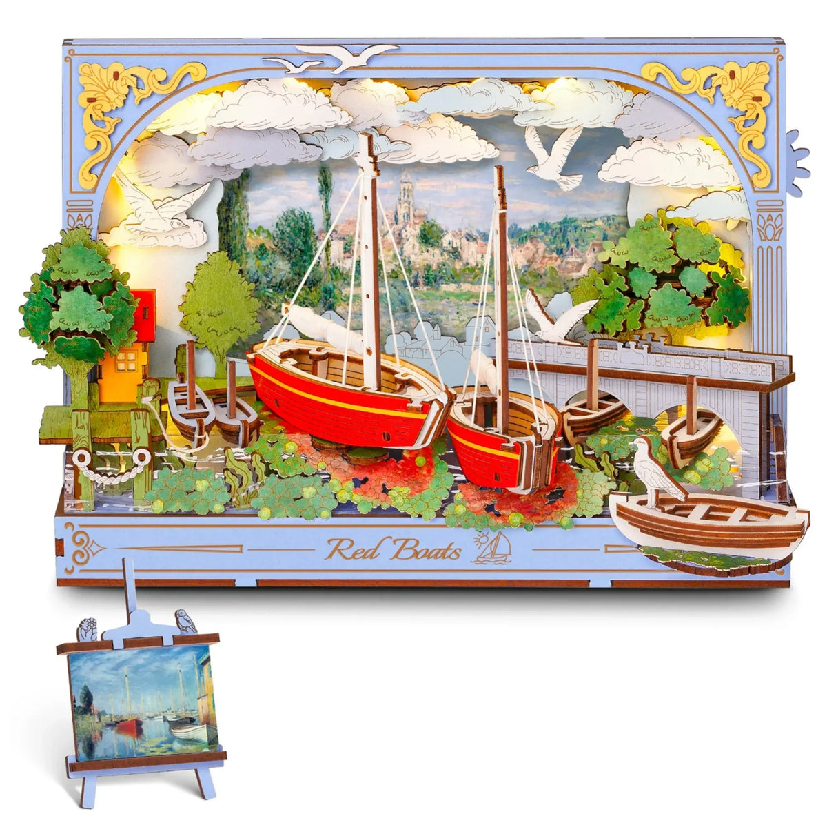 Rolife Red Boats Wooden 3D Puzzle 219 PCS DIY Wall Art Building Model Kit with LED Light for Home Decor Desktop Decor Wall Decor Gift for Adults Kids Friends - Nexvibe