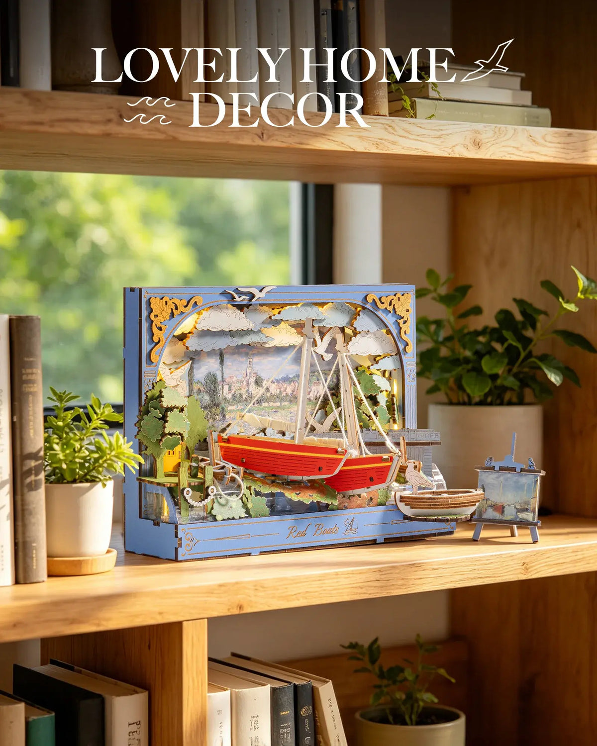 Rolife Red Boats Wooden 3D Puzzle 219 PCS DIY Wall Art Building Model Kit with LED Light for Home Decor Desktop Decor Wall Decor Gift for Adults Kids Friends - Nexvibe