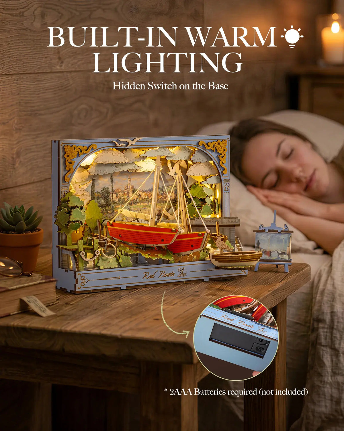 Rolife Red Boats Wooden 3D Puzzle 219 PCS DIY Wall Art Building Model Kit with LED Light for Home Decor Desktop Decor Wall Decor Gift for Adults Kids Friends - Nexvibe