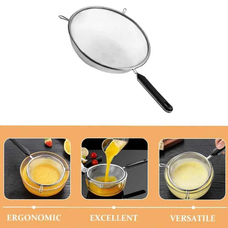 Ergonomic Kitchen Strainer for Christmas Recipes - 12 Inch with Non-Slip Handle & Hook,Sturdy Fine Mesh for Draining and Rinsing