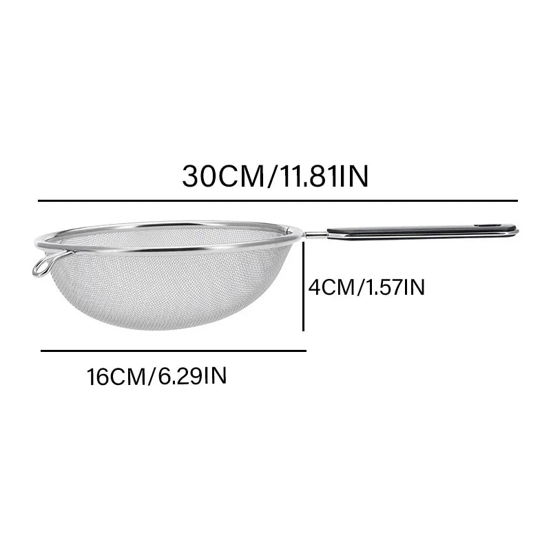 Ergonomic Kitchen Strainer for Christmas Recipes - 12 Inch with Non-Slip Handle & Hook,Sturdy Fine Mesh for Draining