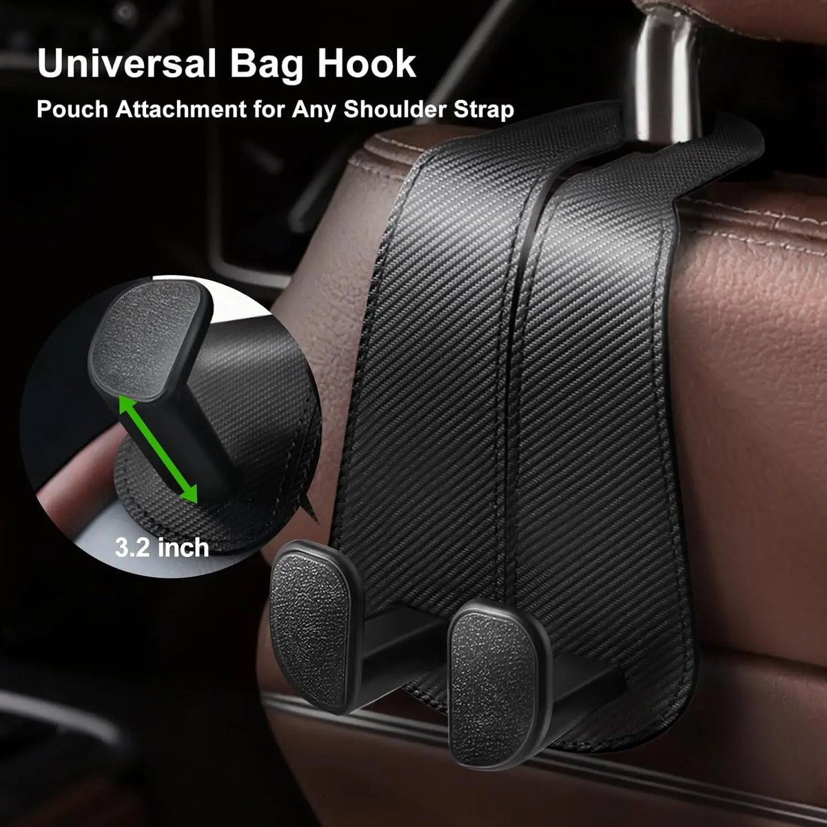Extra Wide Car Seat Back Hooks Premium Leather Headrest Hangers for Any Purse Bag Handbag (2 Pack) - Carbon Fiber Black