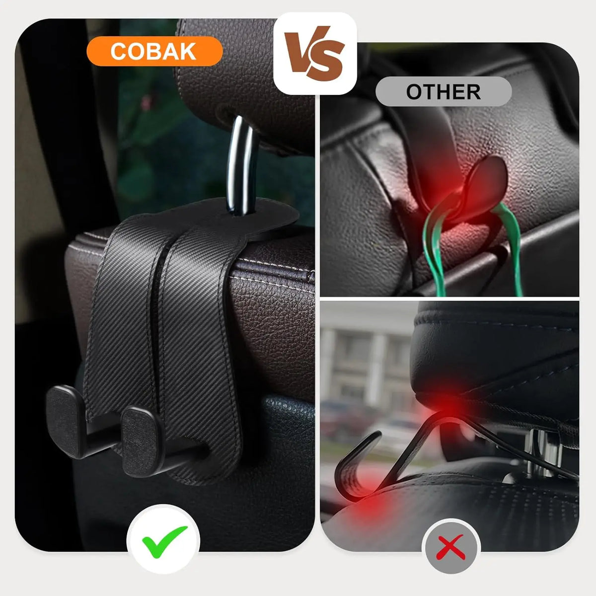 Extra Wide Car Seat Back Hooks Premium Leather Headrest Hangers for Any Purse Bag Handbag (2 Pack) - Carbon Fiber Black
