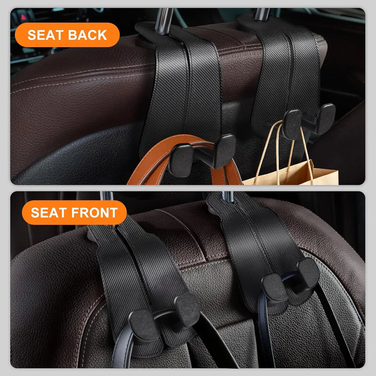 Extra Wide Car Seat Back Hooks Premium Leather Headrest Hangers for Any Purse Bag Handbag (2 Pack) - Carbon Fiber Black