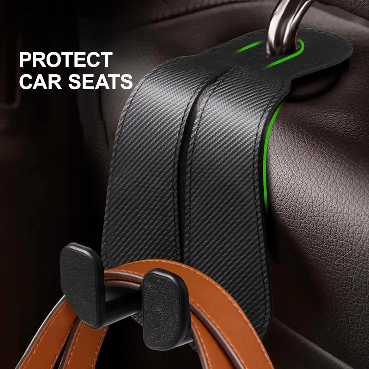 Extra Wide Car Seat Back Hooks Premium Leather Headrest Hangers for Any Purse Bag Handbag (2 Pack) - Carbon Fiber Black