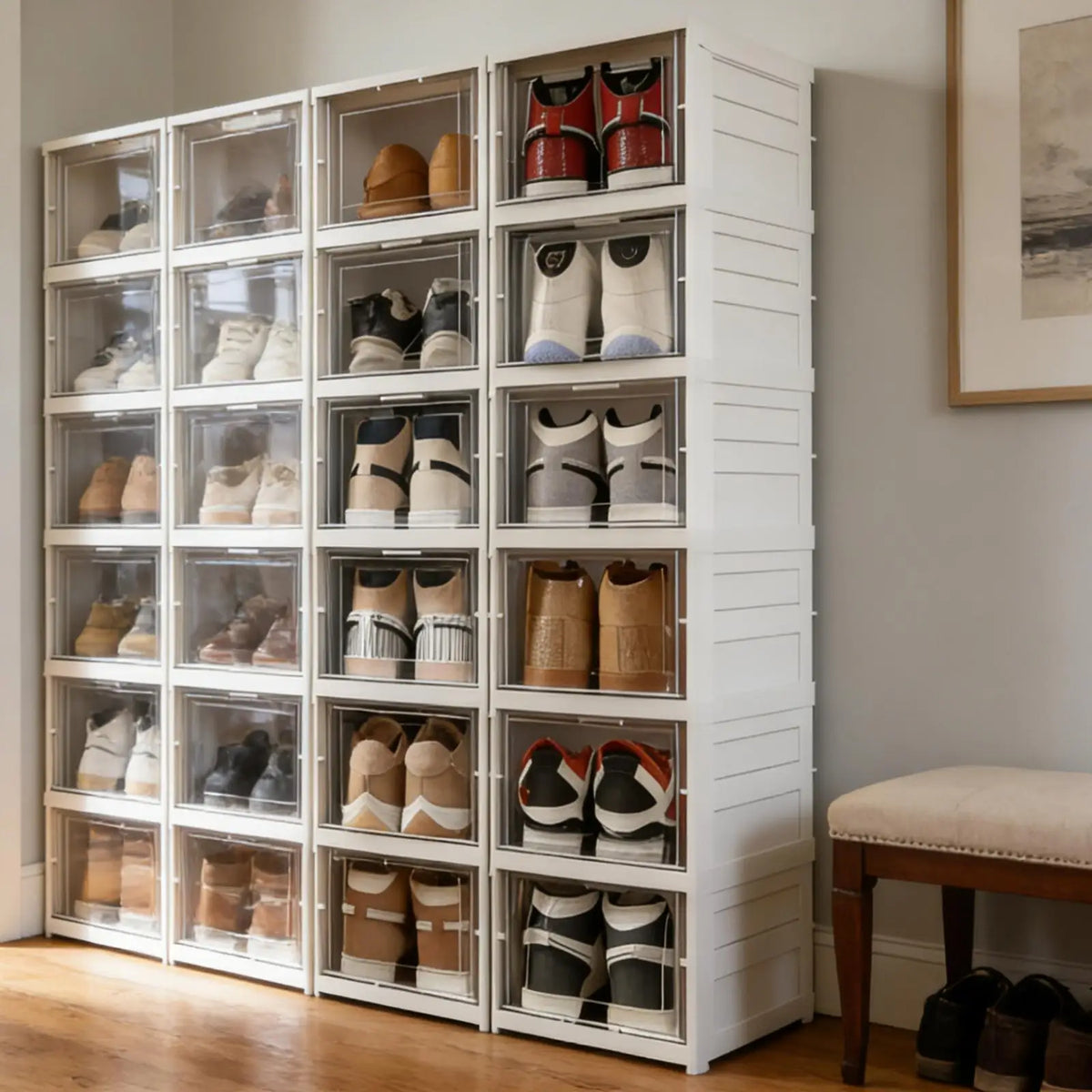 Foldable Clear Shoe Storage Organizer Stackable Dustproof Thickened Sneaker Shoe Box Rack Cabinet for Closet Dorm