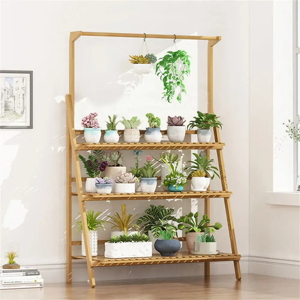 Folding Bamboo Plant Stand, Flower Pot Shelf, Multi-Use for Greenhouse Indoor and Outdoor, 3 Tier - Nexvibe