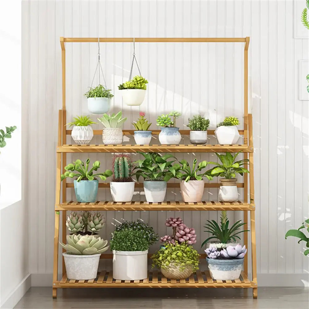 Folding Bamboo Plant Stand, Flower Pot Shelf, Multi-Use for Greenhouse Indoor and Outdoor, 3 Tier - Nexvibe