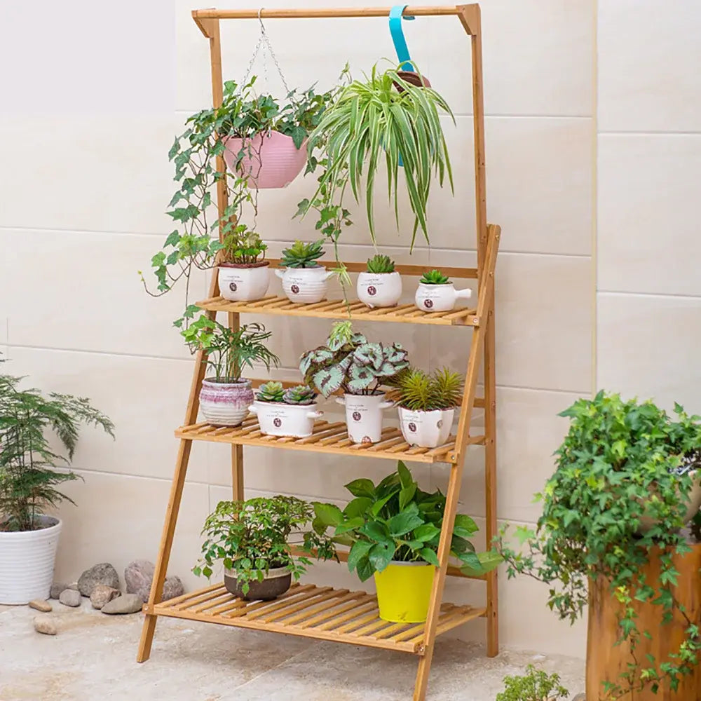 Folding Bamboo Plant Stand, Flower Pot Shelf, Multi-Use for Greenhouse Indoor and Outdoor, 3 Tier - Nexvibe