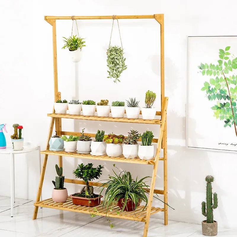 Folding Bamboo Plant Stand, Flower Pot Shelf, Multi-Use for Greenhouse Indoor and Outdoor, 3 Tier - Nexvibe