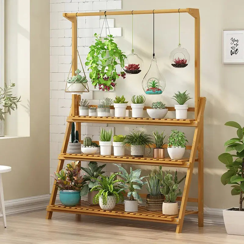 Folding Bamboo Plant Stand, Flower Pot Shelf, Multi-Use for Greenhouse Indoor and Outdoor, 3 Tier - Nexvibe