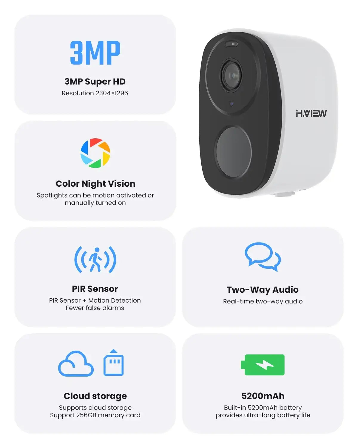 H.VIEW PIR Battery Powered Camera Wireless Outdoor 2K 3MP WiFi Security Camera with Spotlight Siren 2-Way Audio