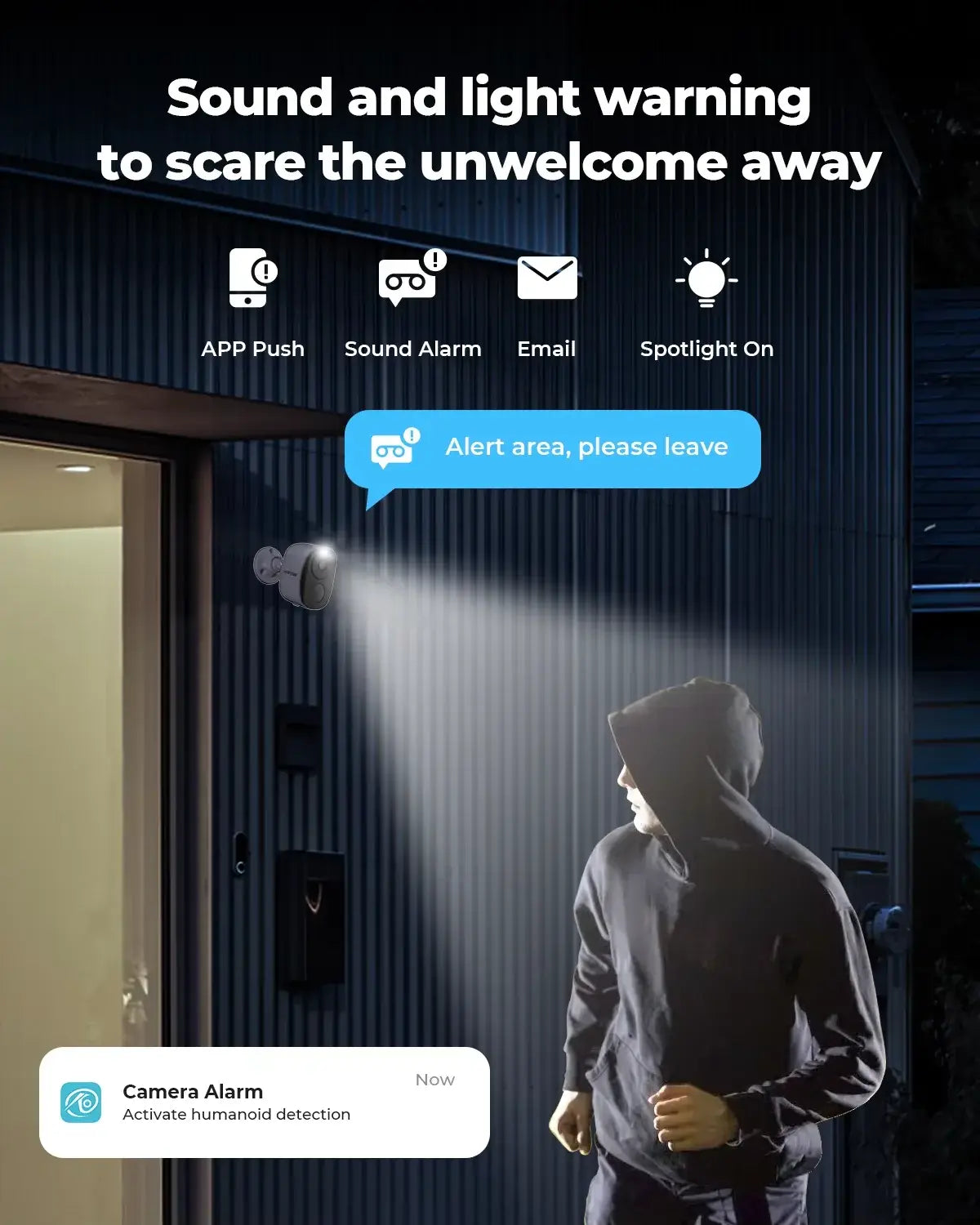H.VIEW PIR Battery Powered Camera Wireless Outdoor 2K 3MP WiFi Security Camera with Spotlight Siren 2-Way Audio