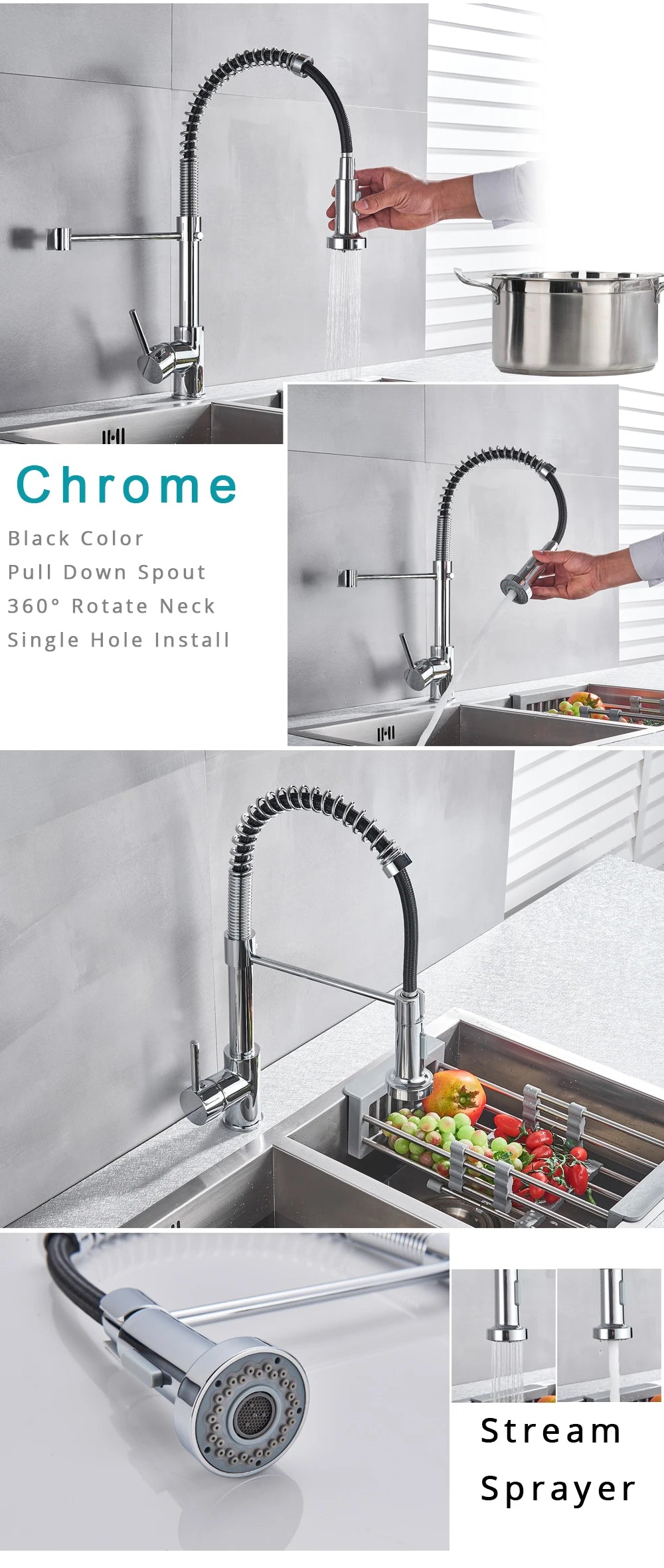 Rozin Matte Black Kitchen Faucet Deck Mounted Mixer Tap 360 Degree Rotation Stream Sprayer Nozzle Kitchen Sink Hot Cold Taps