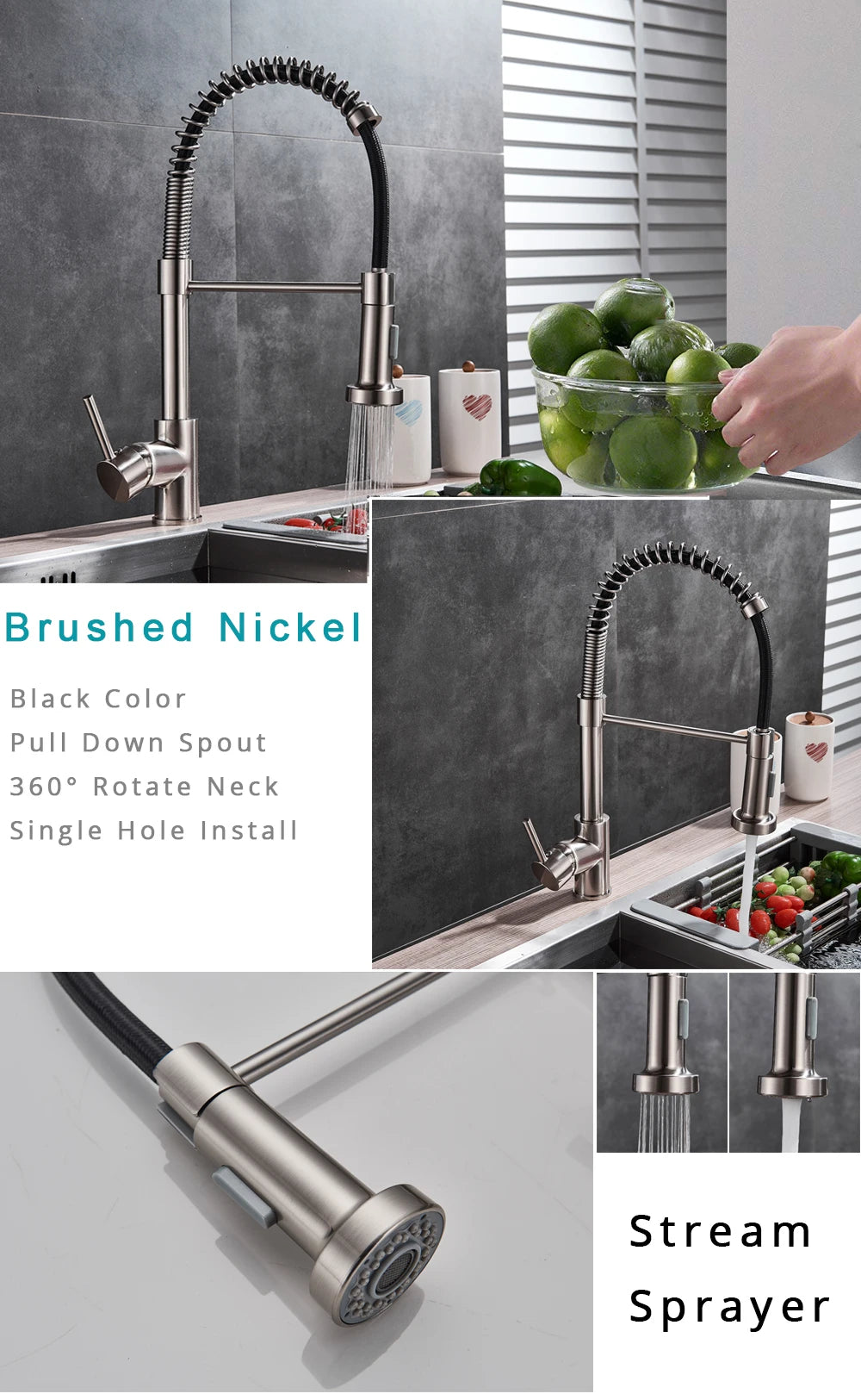 Rozin Matte Black Kitchen Faucet Deck Mounted Mixer Tap 360 Degree Rotation Stream Sprayer Nozzle Kitchen Sink Hot Cold Taps