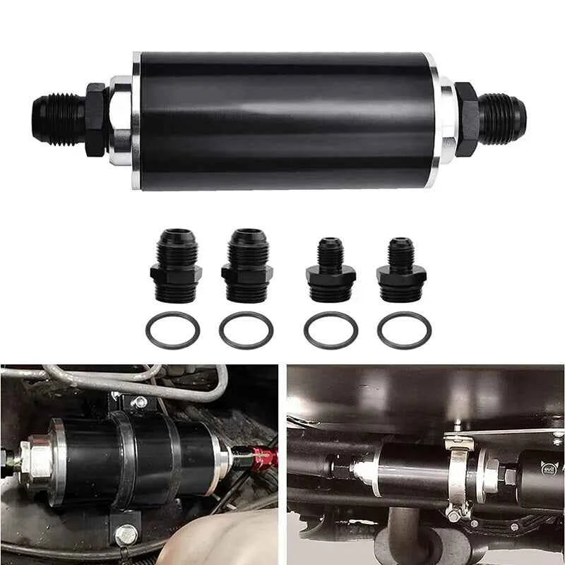 High Flow Inline Fuel Filter 100 Micron Cleanable 6AN 8AN 10AN Adapter Universal
