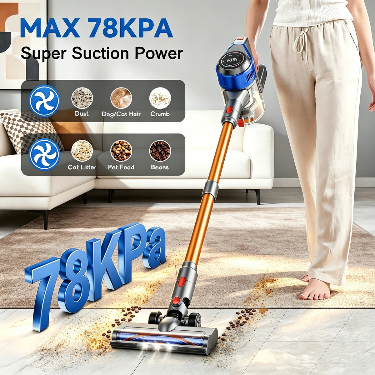 Honki 78KPA Cordless Vacuum Cleaner with LED High Power Strong Suction Wet and Dry Handheld Vacuum Cleaner for Pet Hair