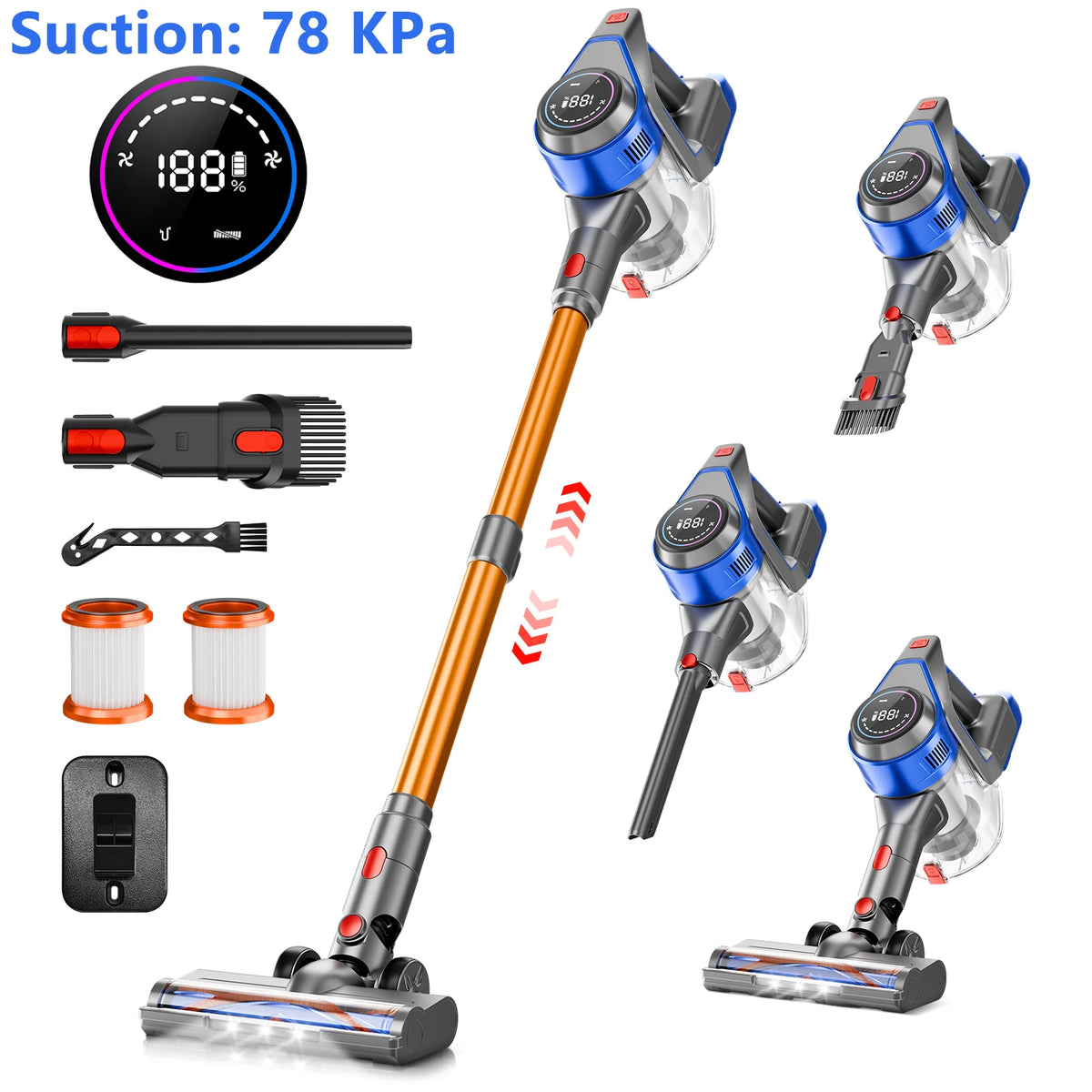 Honki 78KPA Cordless Vacuum Cleaner with LED High Power Strong Suction Wet and Dry Handheld Vacuum Cleaner for Pet Hair