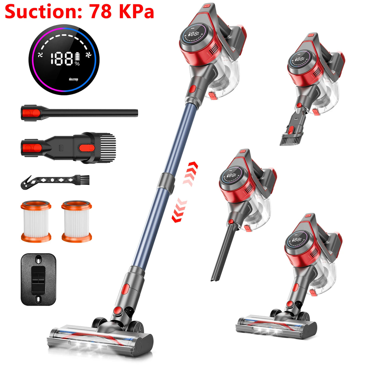 Honki 78KPA Cordless Vacuum Cleaner with LED High Power Strong Suction Wet and Dry Handheld Vacuum Cleaner for Pet Hair