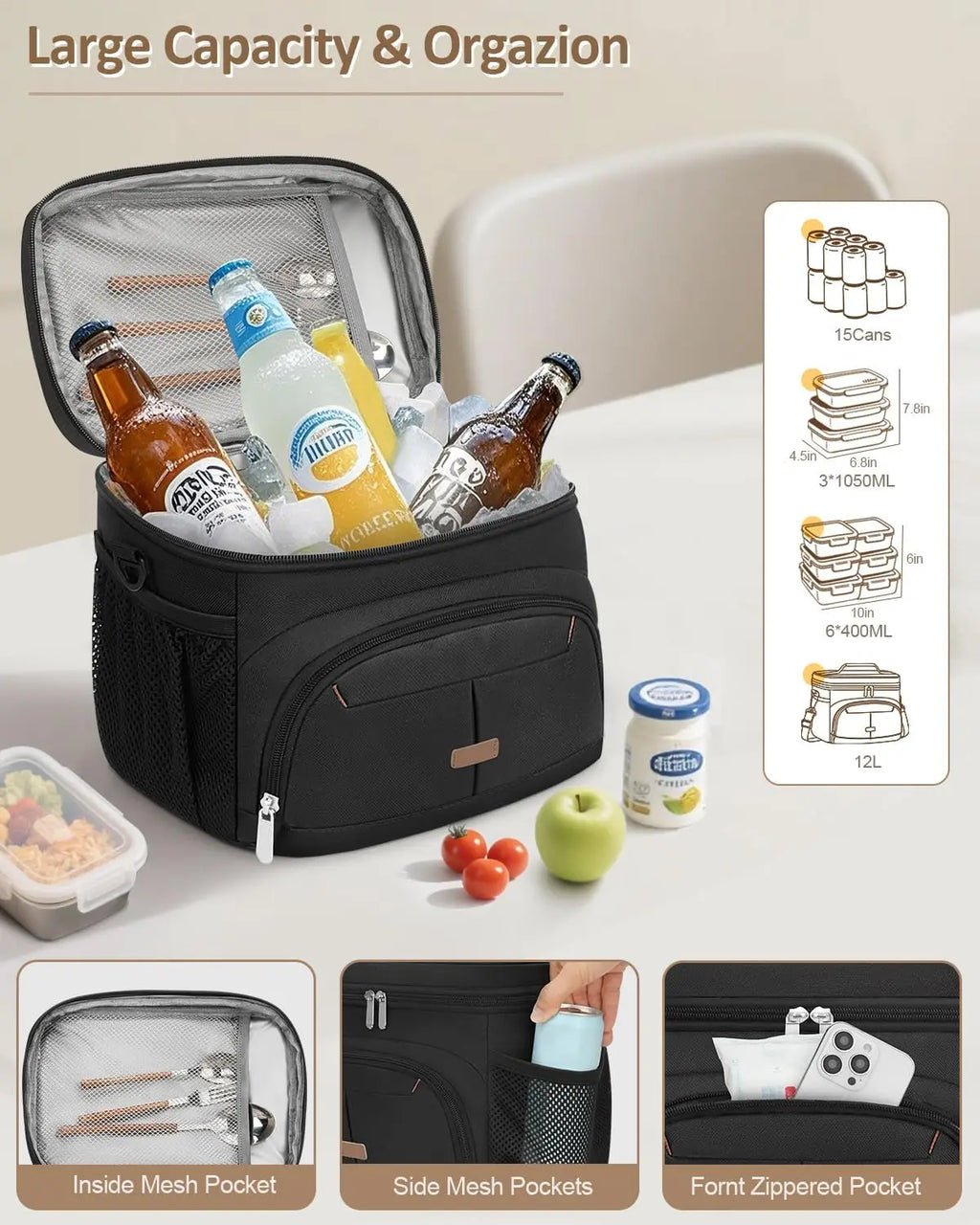 Insulated Lunch Bag Leakproof Cooler Tote with Removable Strap 12L for Work School Picnic Travel - United States