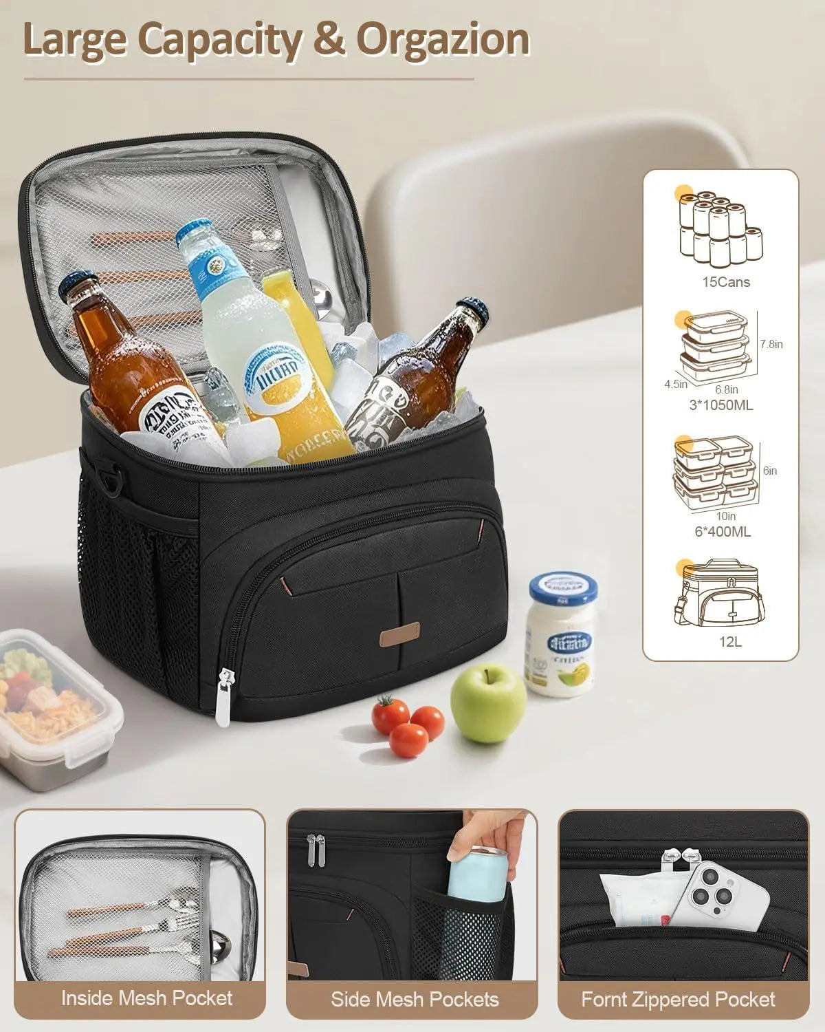 Insulated Lunch Bag Leakproof Cooler Tote with Removable Strap 12L for Work School Picnic Travel - United States