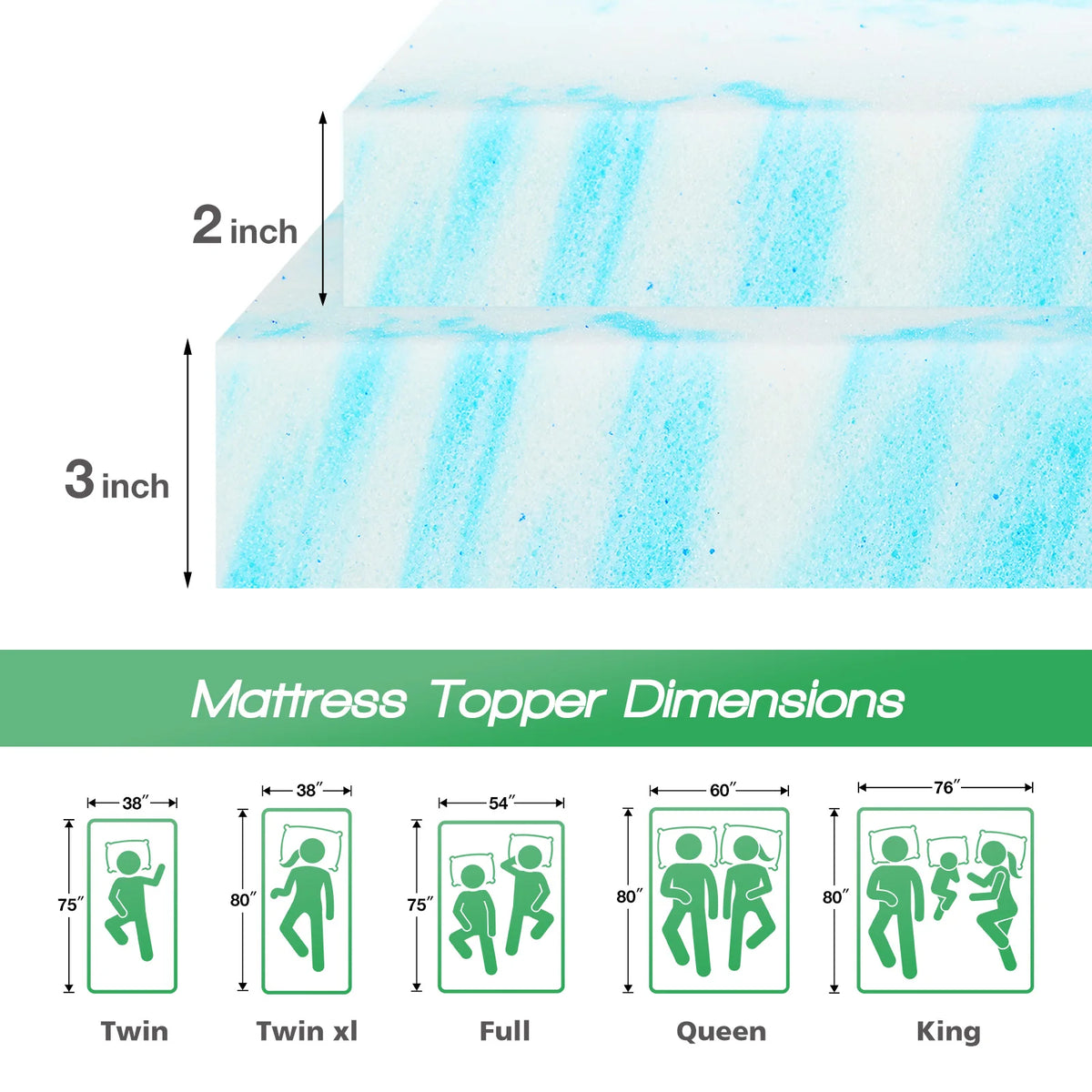 JHK 2-3 Inch Memory Foam Mattress Topper Queen Size Thick Gel Cooling Mattress Soft and Breathable Bed Topper Bedroom