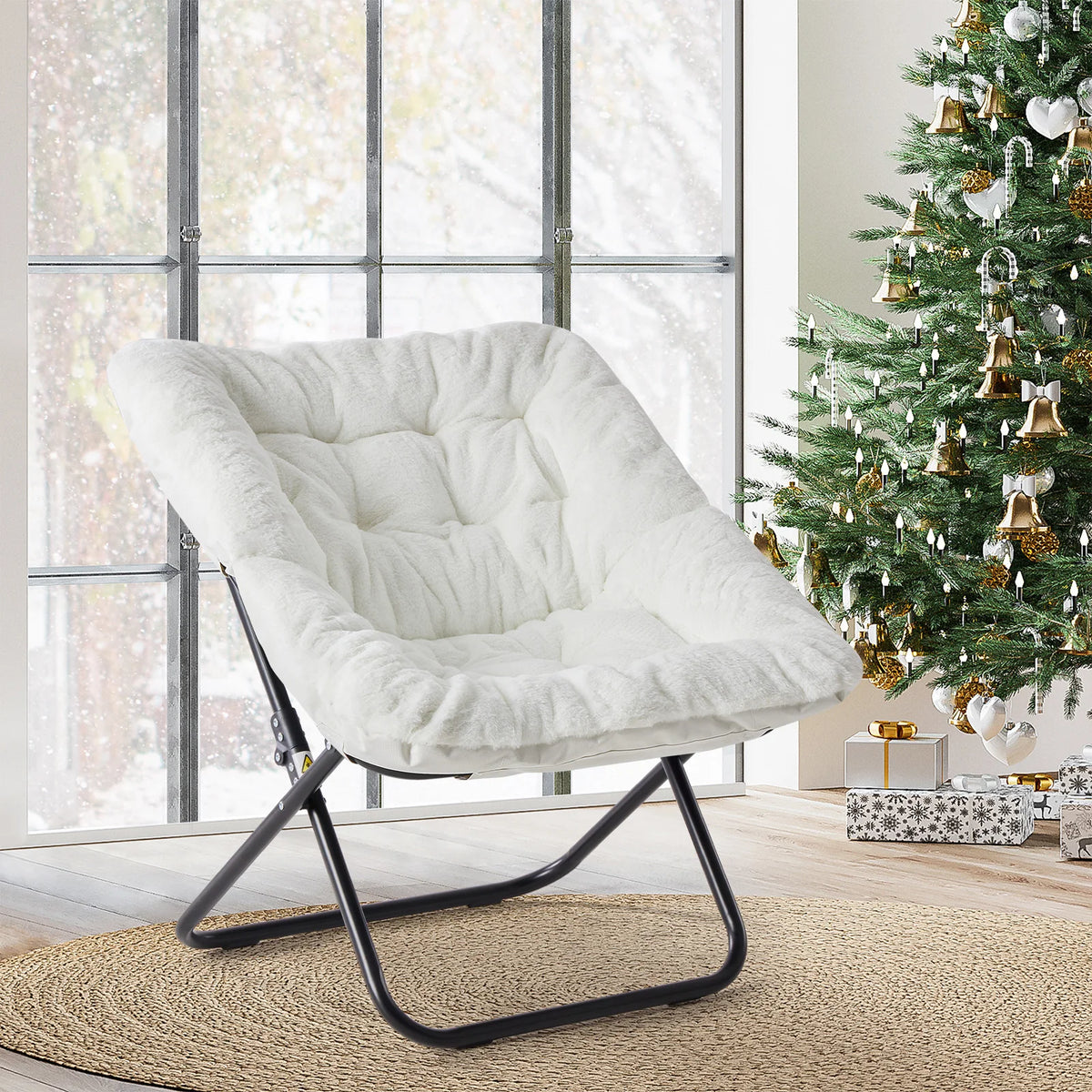 JHK 28IN Cozy Saucer Chairs Soft Faux Fur Large Size Folding Lounge Living Room Padded Seat Metal Frame Reading Chair