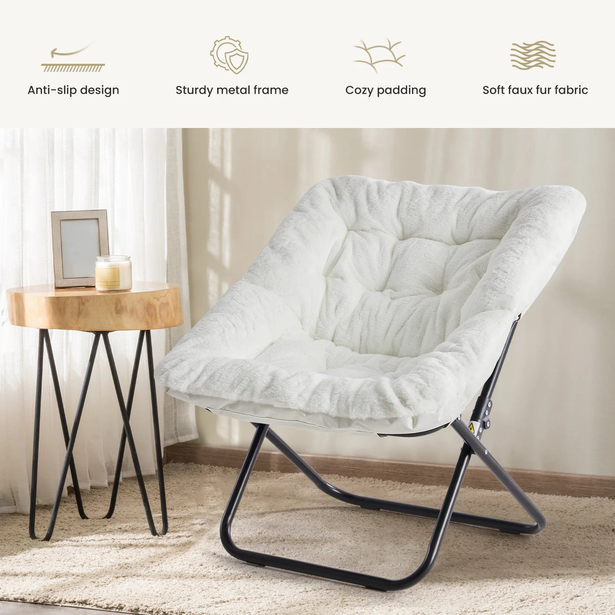 JHK 28IN Cozy Saucer Chairs Soft Faux Fur Large Size Folding Lounge Living Room Padded Seat Metal Frame Reading Chair