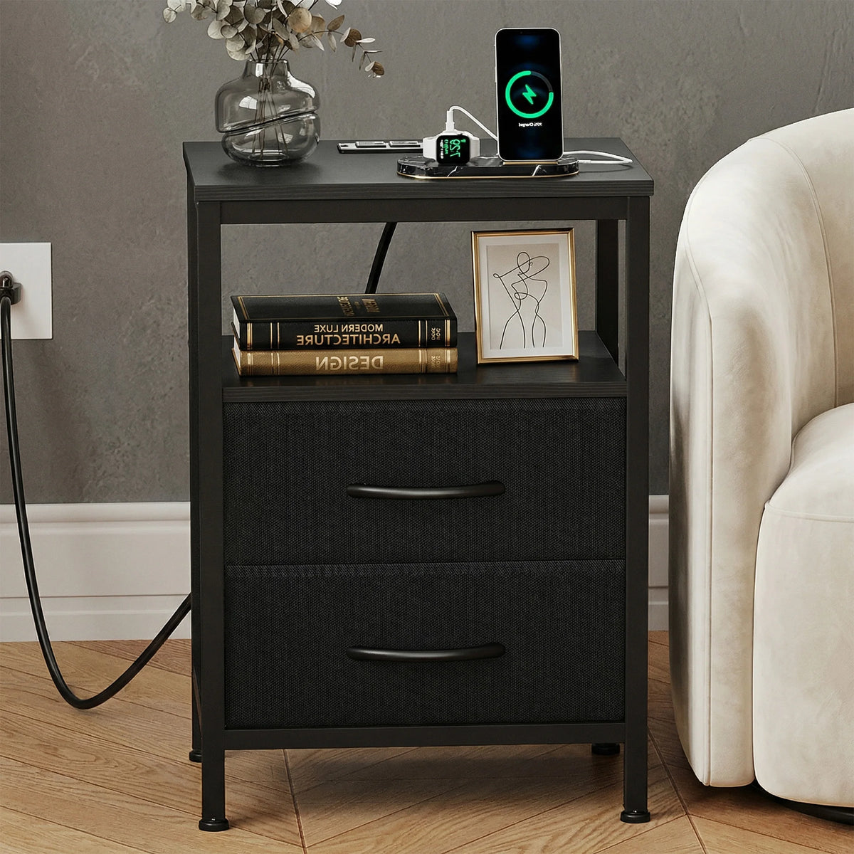 JHK 2 Fabric Drawers Night Stand with Open Shelf Bedside Table with USB Ports Charging Station Storage End Table