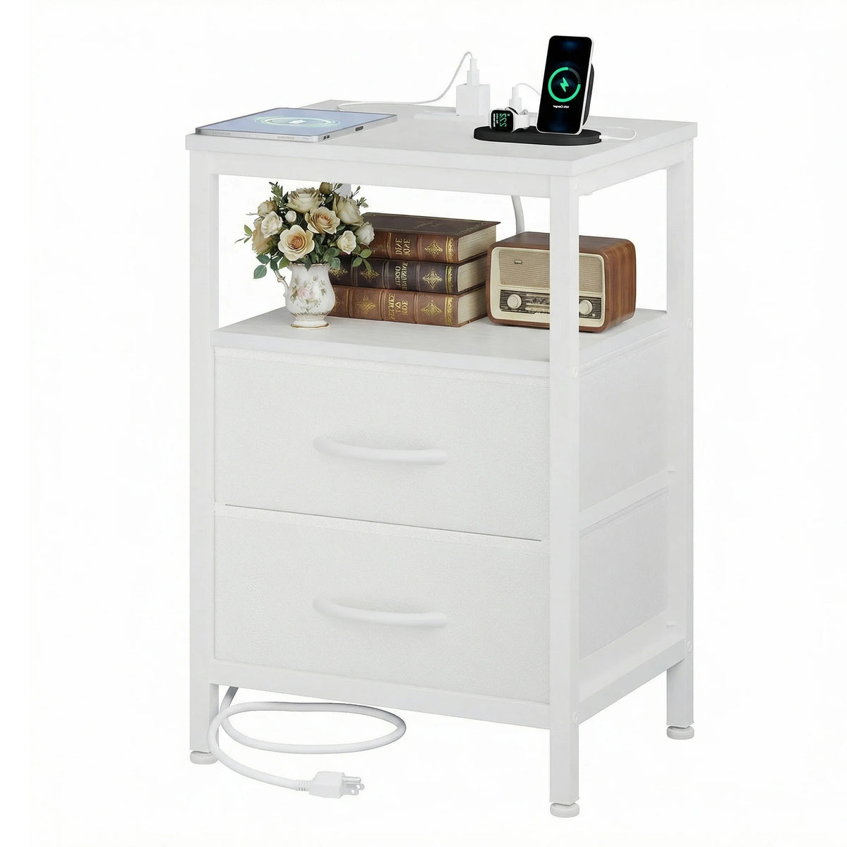 JHK 2 Fabric Drawers Night Stand with Open Shelf Bedside Table with USB Ports Charging Station Storage End Table