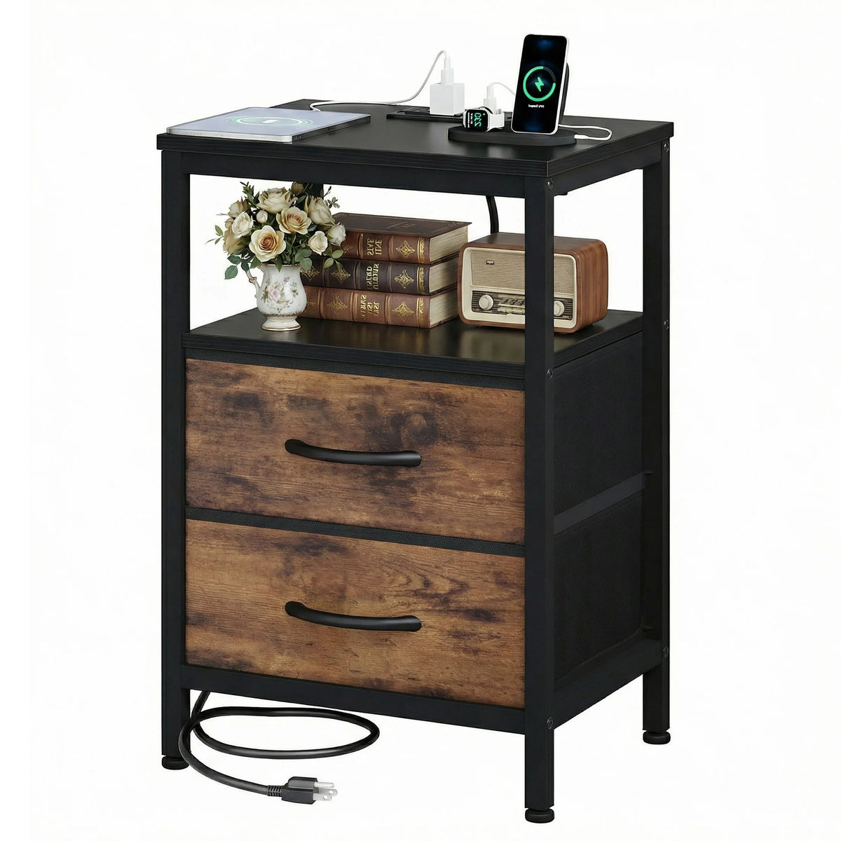 JHK 2 Fabric Drawers Night Stand with Open Shelf Bedside Table with USB Ports Charging Station Storage End Table
