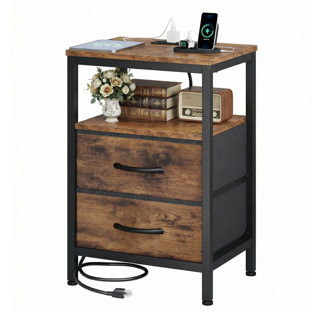 JHK 2 Fabric Drawers Night Stand with Open Shelf Bedside Table with USB Ports Charging Station Storage End Table