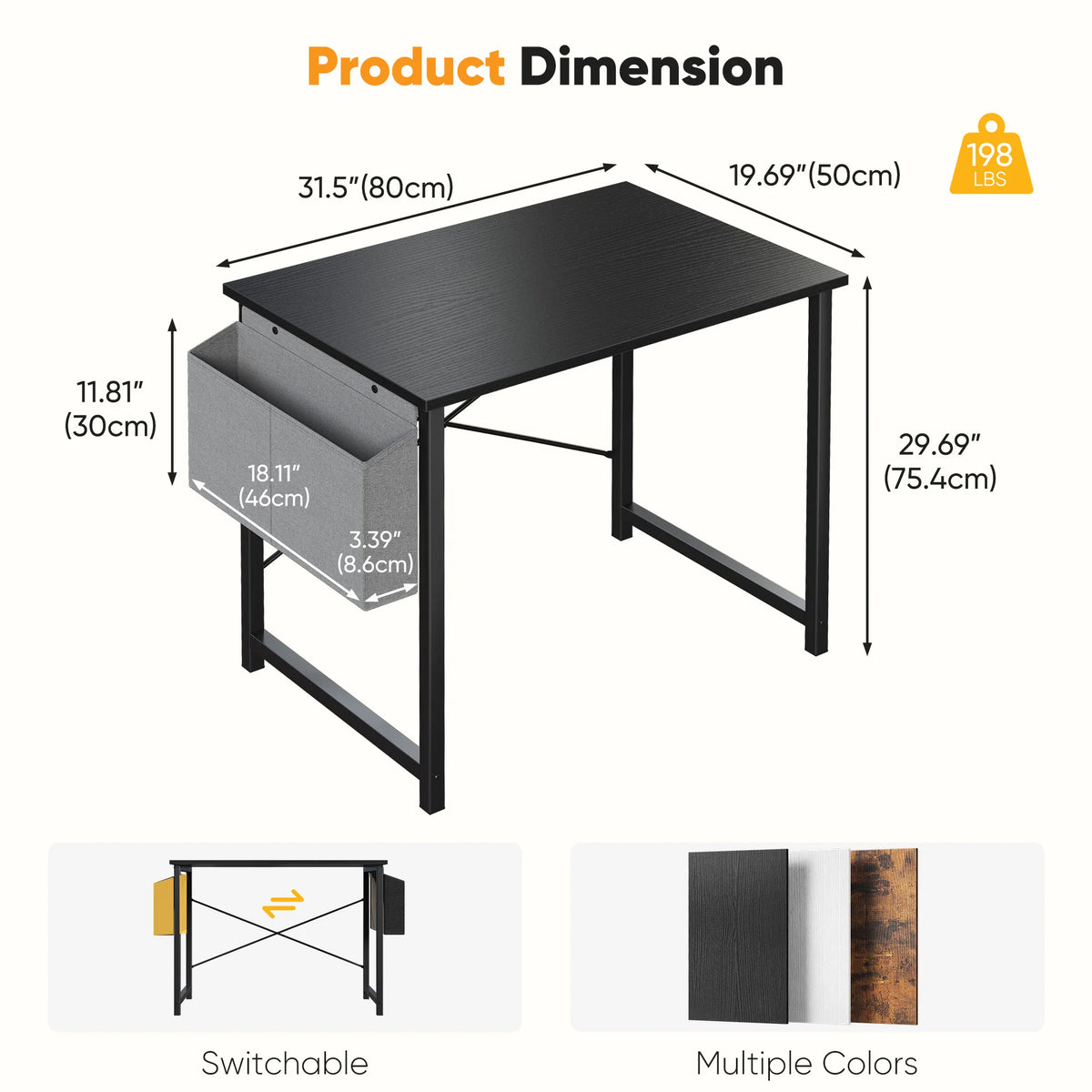 JHK 31IN to 55IN Computer Office Desk Writing Study Office Gaming Table with Storage Bag Metal Frame Wood Tabletop Easy