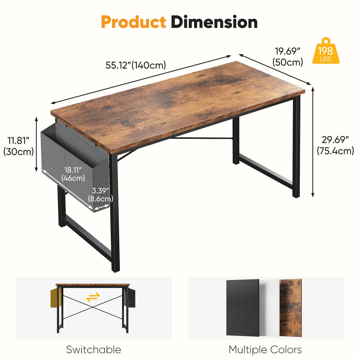 JHK 31IN to 55IN Computer Office Desk Writing Study Office Gaming Table with Storage Bag Metal Frame Wood Tabletop Easy