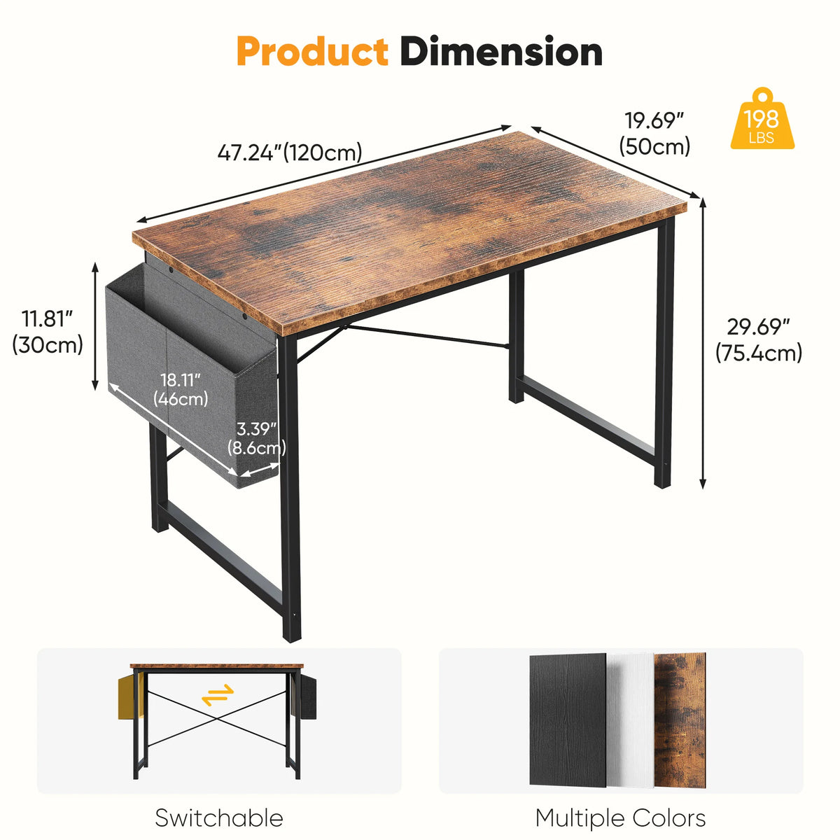 JHK 31IN to 55IN Computer Office Desk Writing Study Office Gaming Table with Storage Bag Metal Frame Wood Tabletop Easy