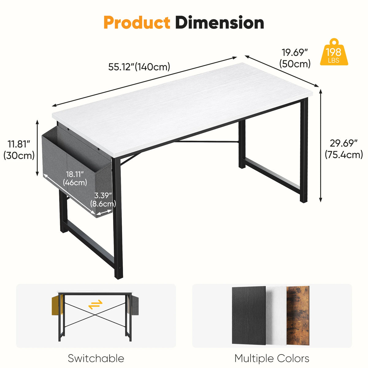 JHK 31IN to 55IN Computer Office Desk Writing Study Office Gaming Table with Storage Bag Metal Frame Wood Tabletop Easy