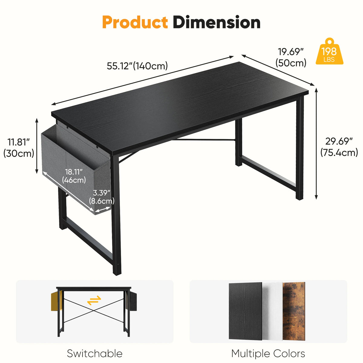 JHK 31IN to 55IN Computer Office Desk Writing Study Office Gaming Table with Storage Bag Metal Frame Wood Tabletop Easy