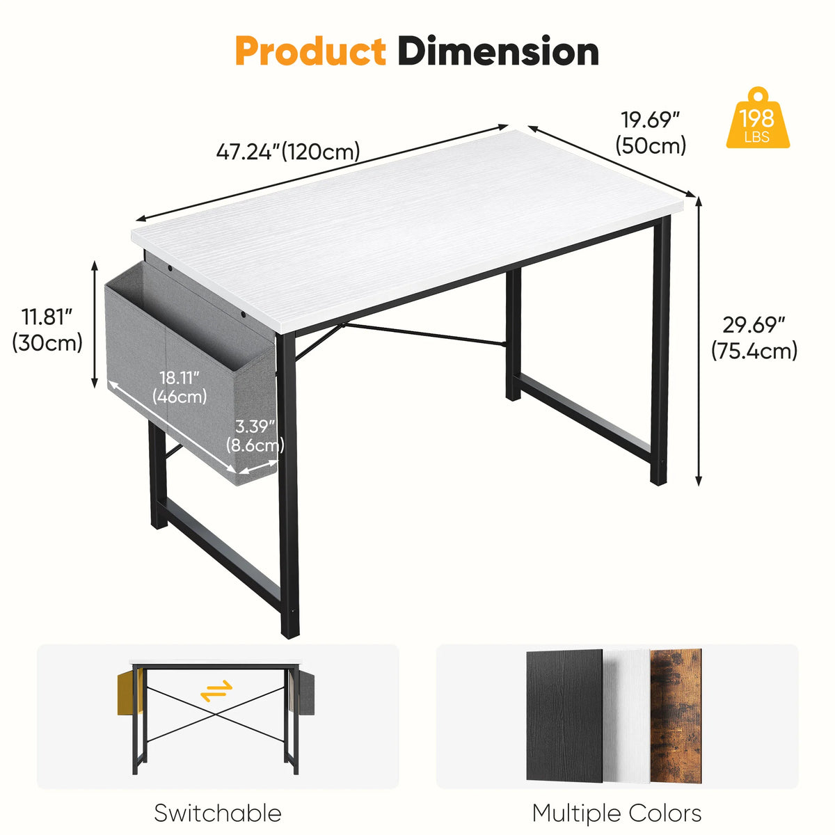 JHK 31IN to 55IN Computer Office Desk Writing Study Office Gaming Table with Storage Bag Metal Frame Wood Tabletop Easy