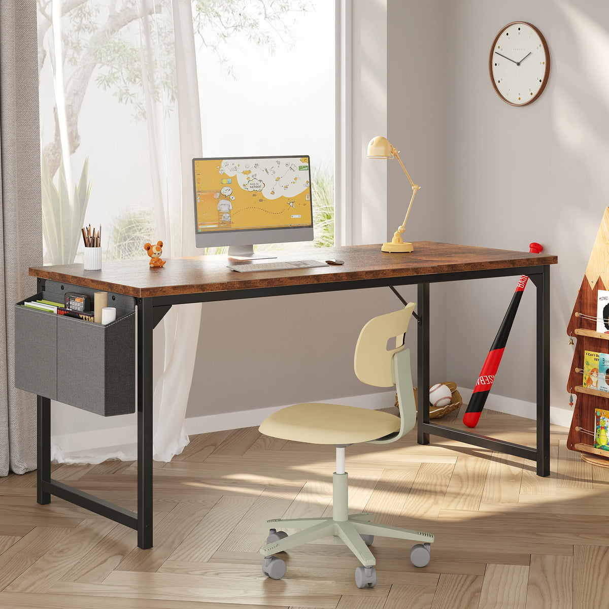 JHK 31IN to 55IN Computer Office Desk Writing Study Office Gaming Table with Storage Bag Metal Frame Wood Tabletop Easy