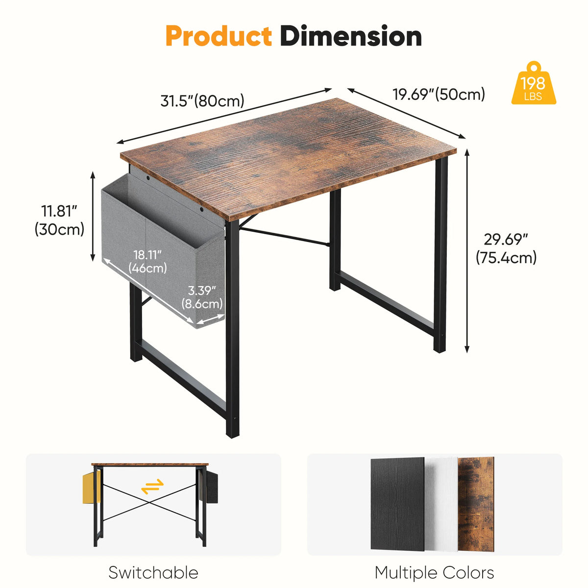 JHK 31IN to 55IN Computer Office Desk Writing Study Office Gaming Table with Storage Bag Metal Frame Wood Tabletop Easy