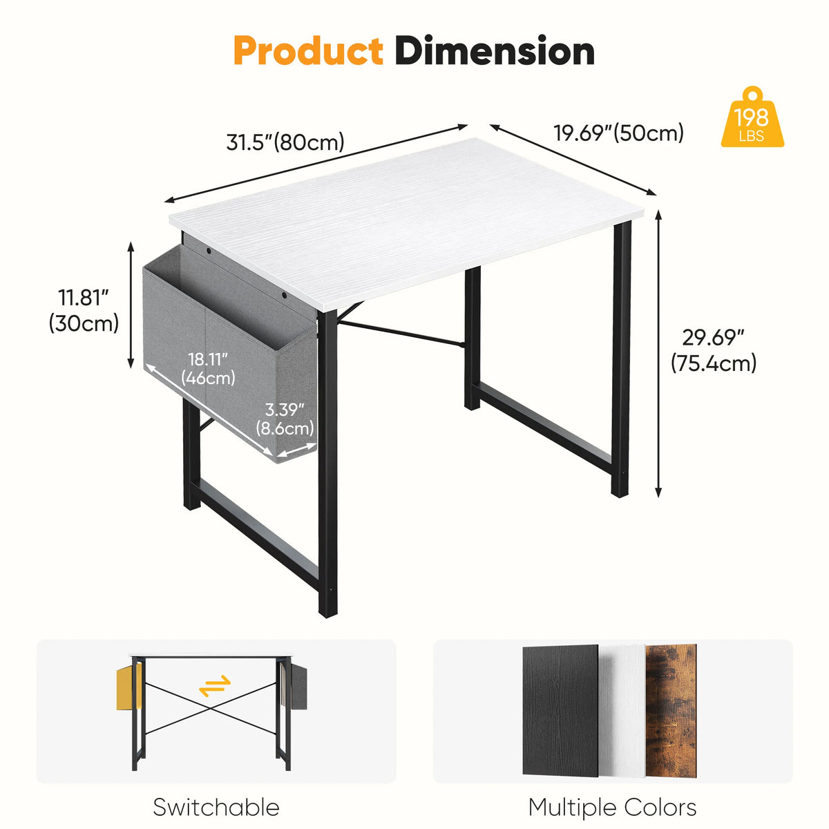 JHK 31IN to 55IN Computer Office Desk Writing Study Office Gaming Table with Storage Bag Metal Frame Wood Tabletop Easy