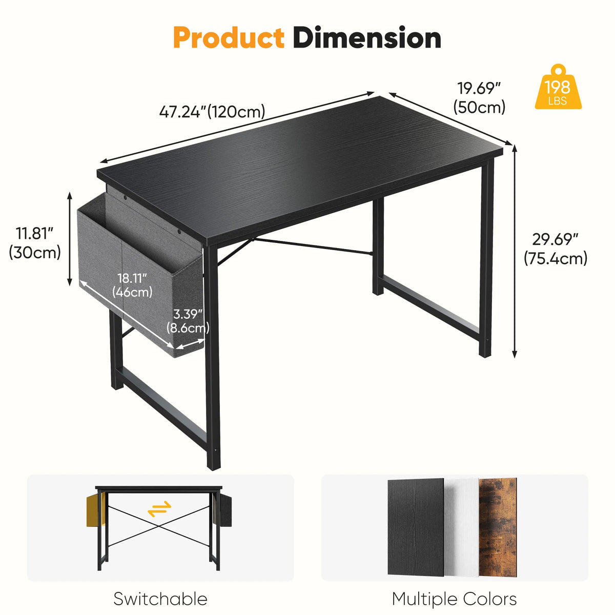 JHK 31IN to 55IN Computer Office Desk Writing Study Office Gaming Table with Storage Bag Metal Frame Wood Tabletop Easy