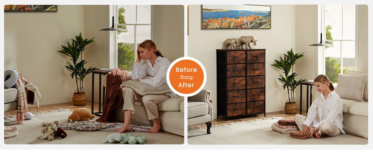 JHK Bedside Table For Bedroom With 10 Fabric Drawers Wardrobe Steel Frame Closet For Storage Cabinet Living Room