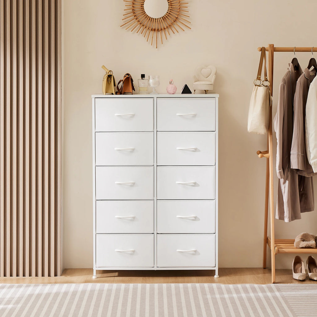 JHK Bedside Table For Bedroom With 10 Fabric Drawers Wardrobe Steel Frame Closet For Storage Cabinet Living Room
