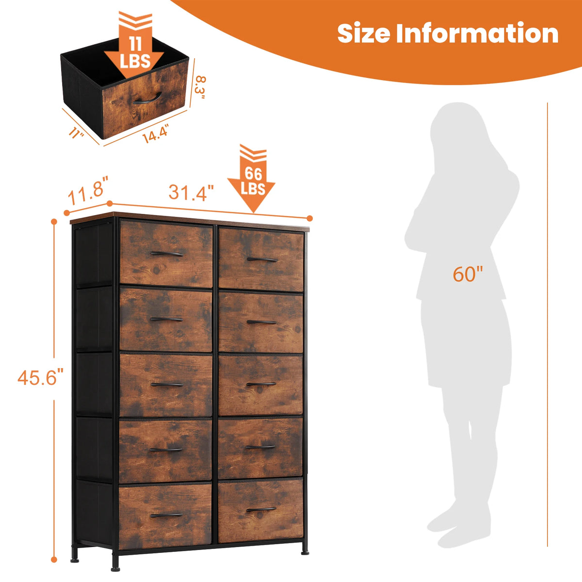 JHK Bedside Table For Bedroom With 10 Fabric Drawers Wardrobe Steel Frame Closet For Storage Cabinet Living Room